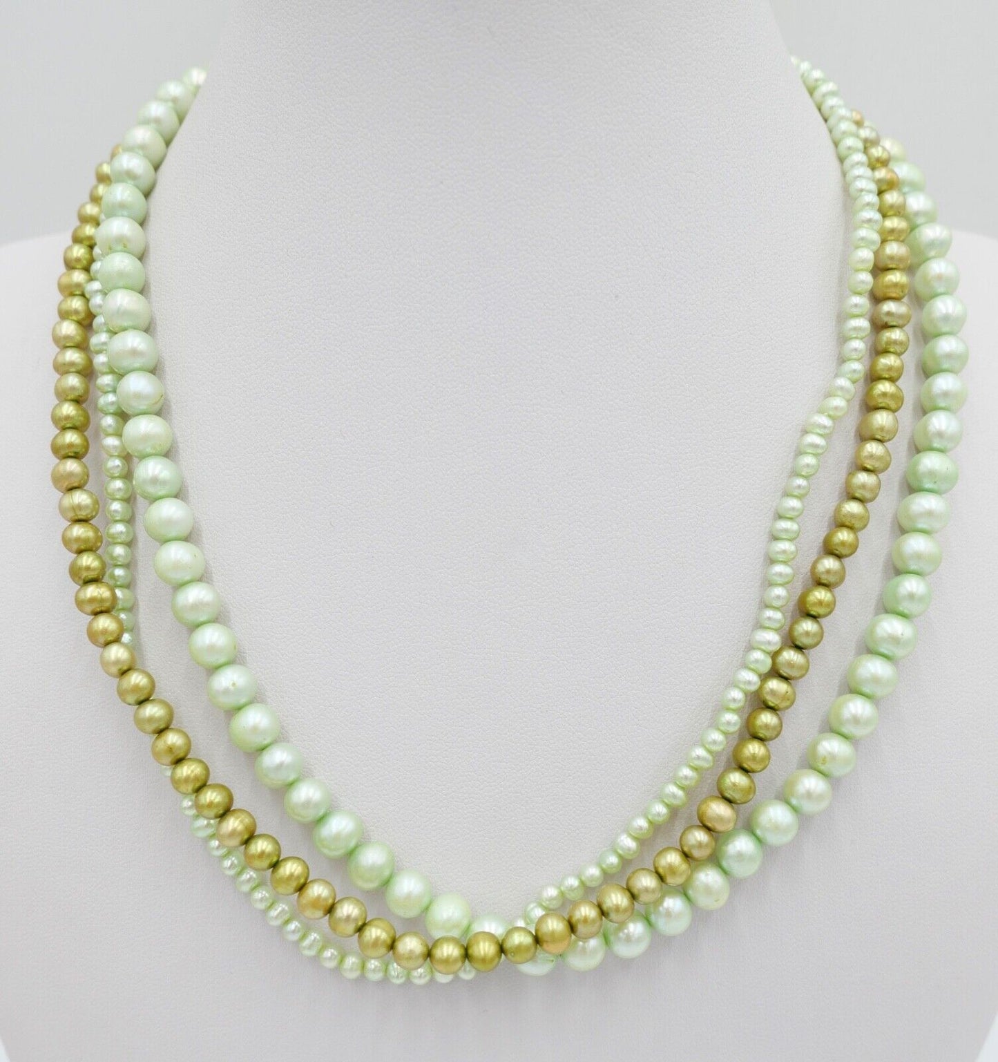 70er Jahre Perlenkette Collier Zuchtperlen grün 46 cm Gold 585 / 14K Ø 7 - 3 mm - Antikhandel-Stuttgart