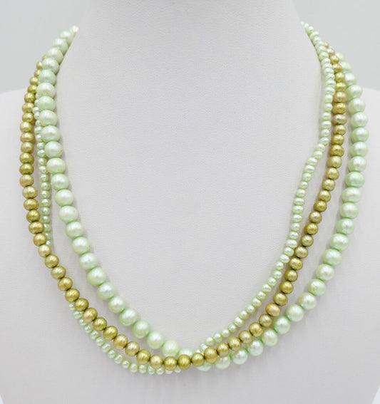 70er Jahre Perlenkette Collier Zuchtperlen grün 46 cm Gold 585 / 14K Ø 7 - 3 mm - Antikhandel-Stuttgart