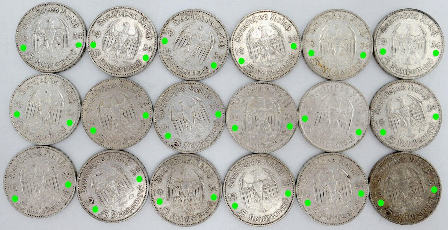 18x 5 Reichsmark 900 Silbermünzen J. 357 Garnisonskirche 1934 aus Münzrolle - Antikhandel-Stuttgart