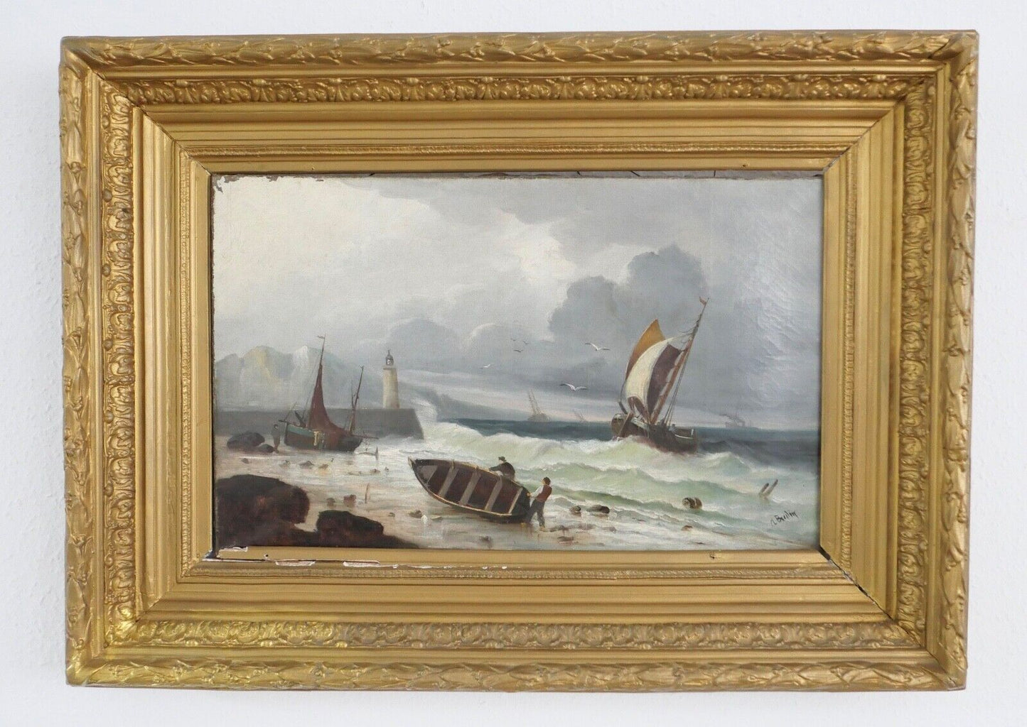 85,5 x 63 cm Gemälde Meer Schiffe Öl auf Leinwand Goldrahmen Prunkrahmen - Antikhandel-Stuttgart