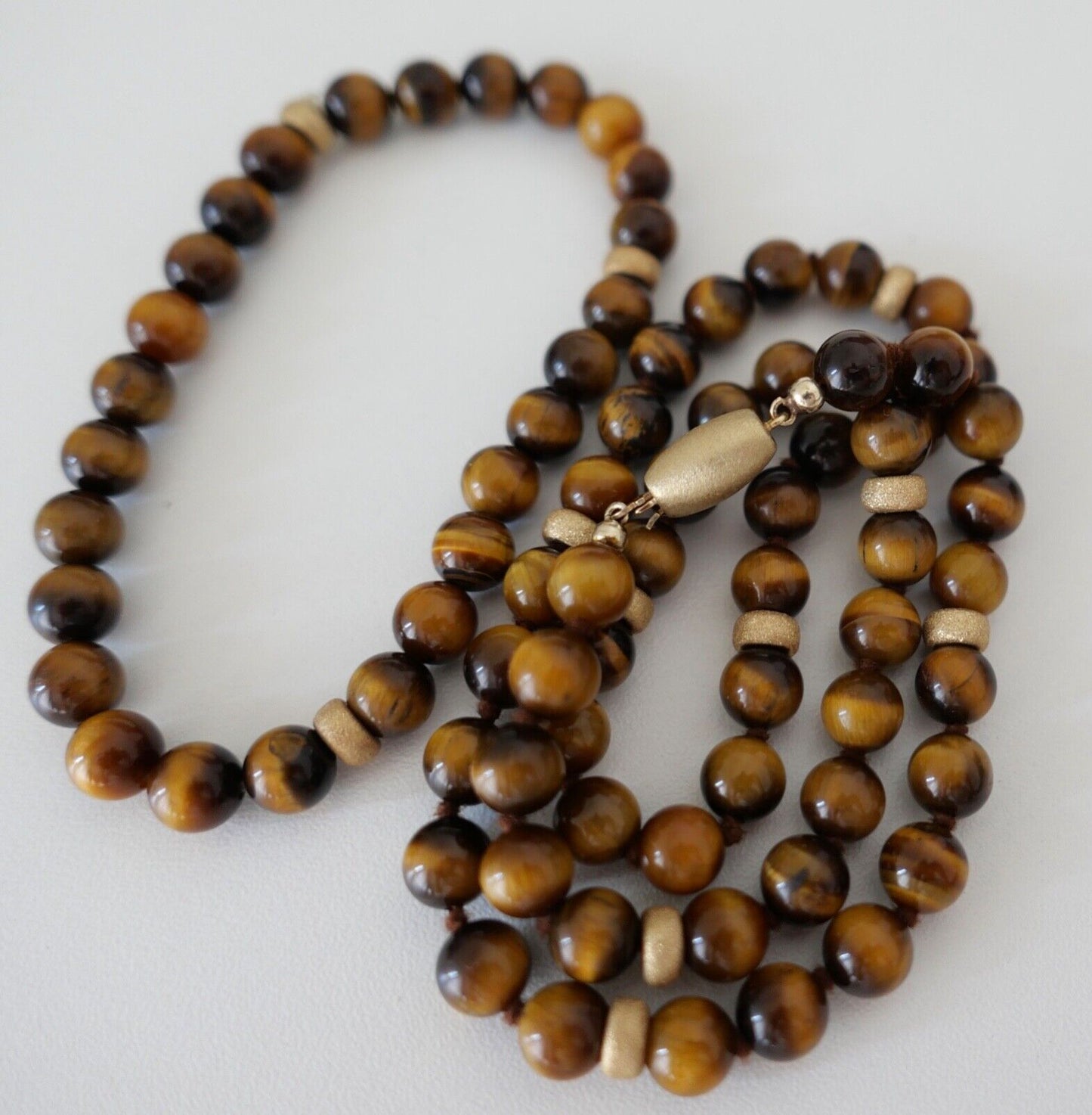 SET Kette Armreif Tiegerauge 51,5 cm Gold JKa 585 14K Perlen necklace Ø 8 mm - Antikhandel-Stuttgart