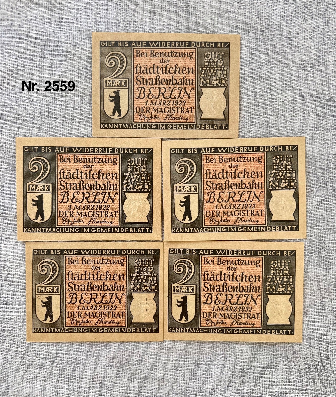 5x 2 Mark Geldscheine Banknote Notgeld Berlin 1922 Städtische Straßenbahn UNC
