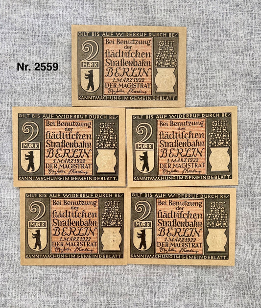 5x 2 Mark Geldscheine Banknote Notgeld Berlin 1922 Städtische Straßenbahn UNC