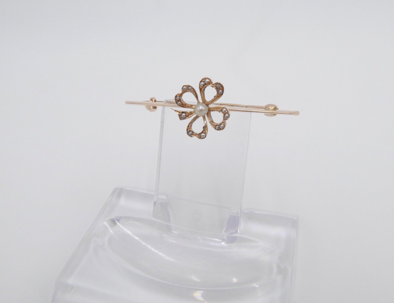 um 1900 antik Schleifen Kleeblatt Brosche Perlen Saatperlen VJB 585 14K Rotgold - Antikhandel-Stuttgart