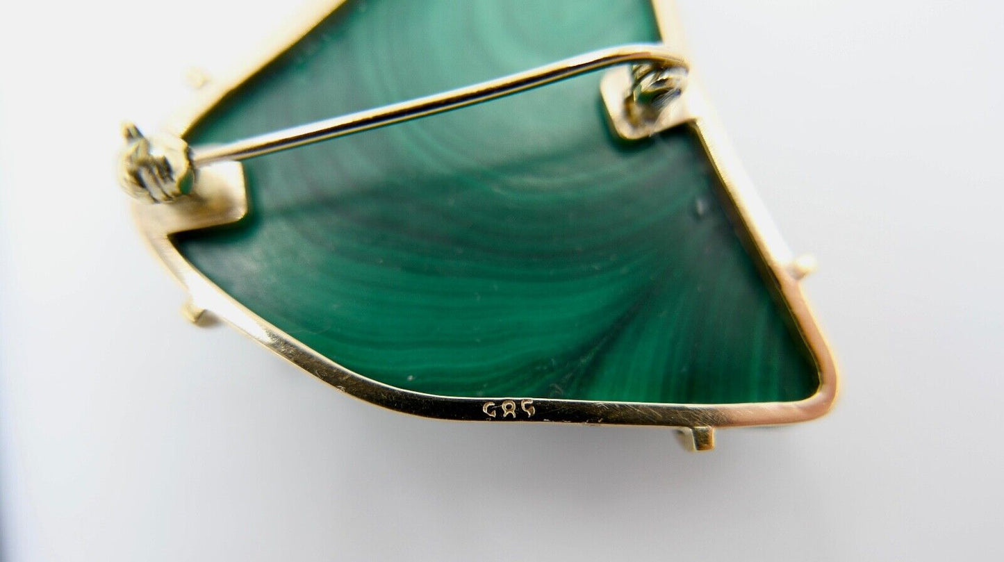 Ø 42mm Große 1980er Jahre Malachit Gold Brosche 585 / 14K - Antikhandel-Stuttgart