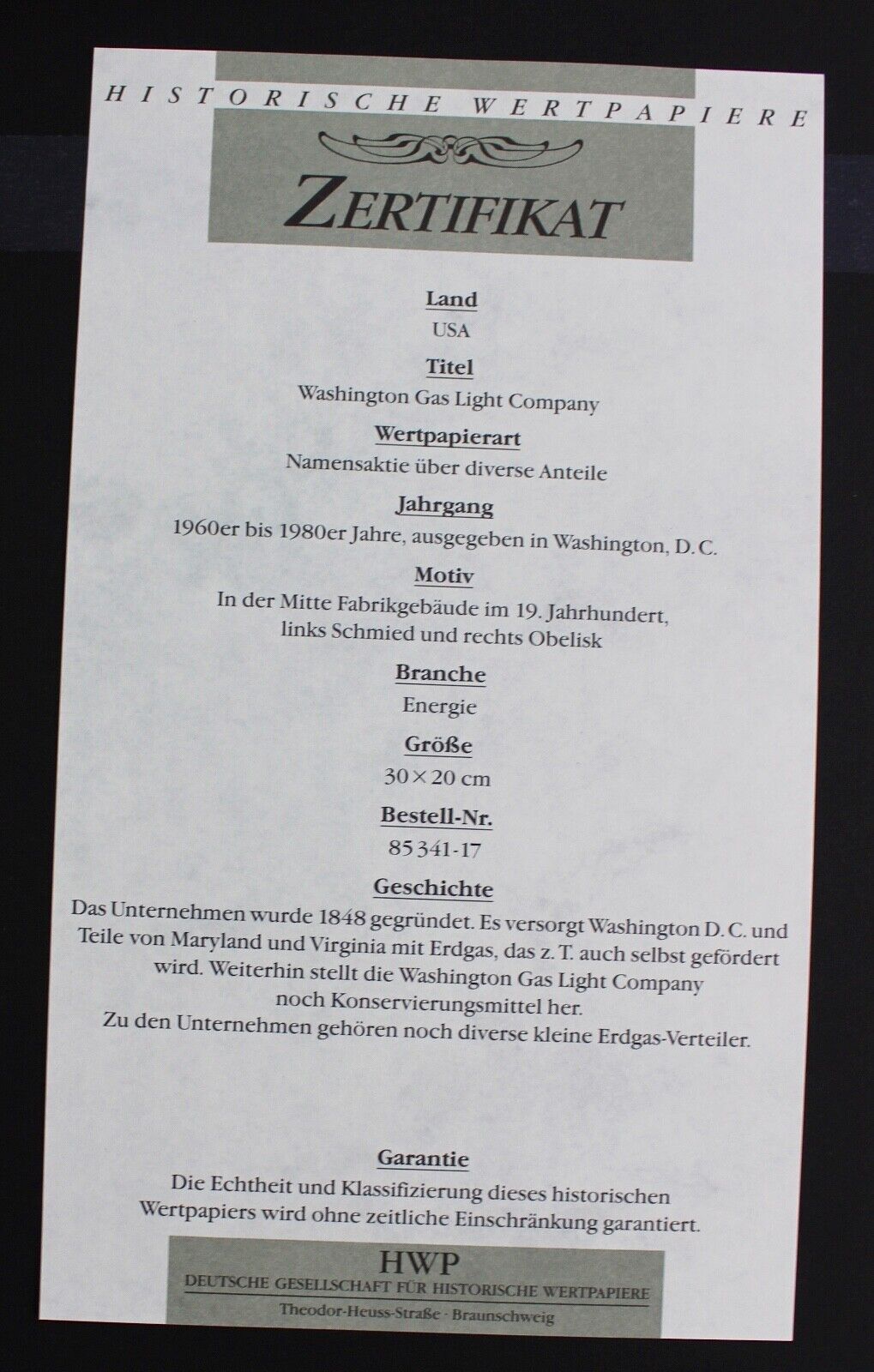 Washington Gas Light Company 1968 alte USA Aktie Stock Certificate 100 Shares - Antikhandel-Stuttgart