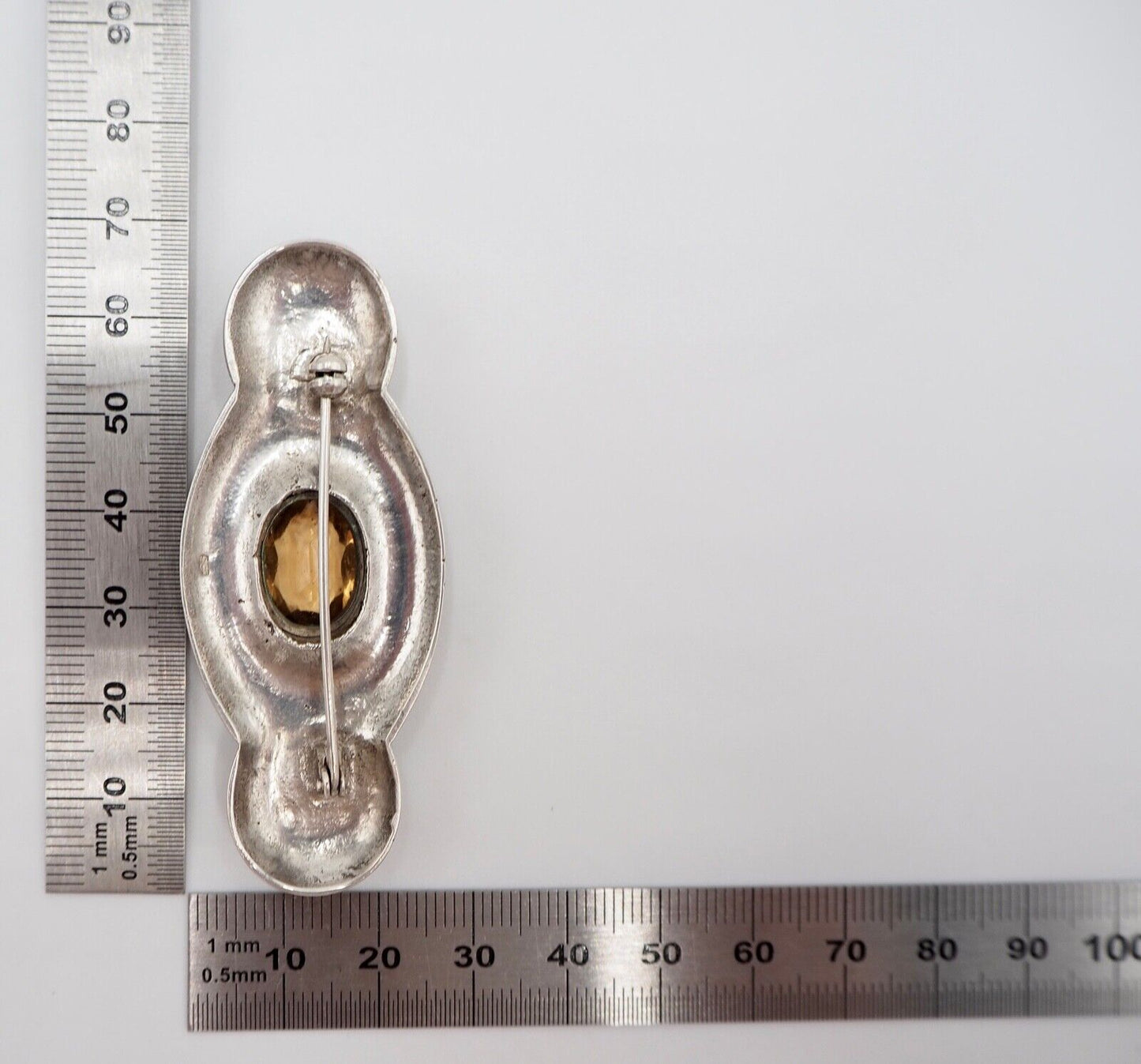 50er Jahre florale Silber 835 große Brosche 66 mm Schmuckstein orange Glasstein - Antikhandel-Stuttgart