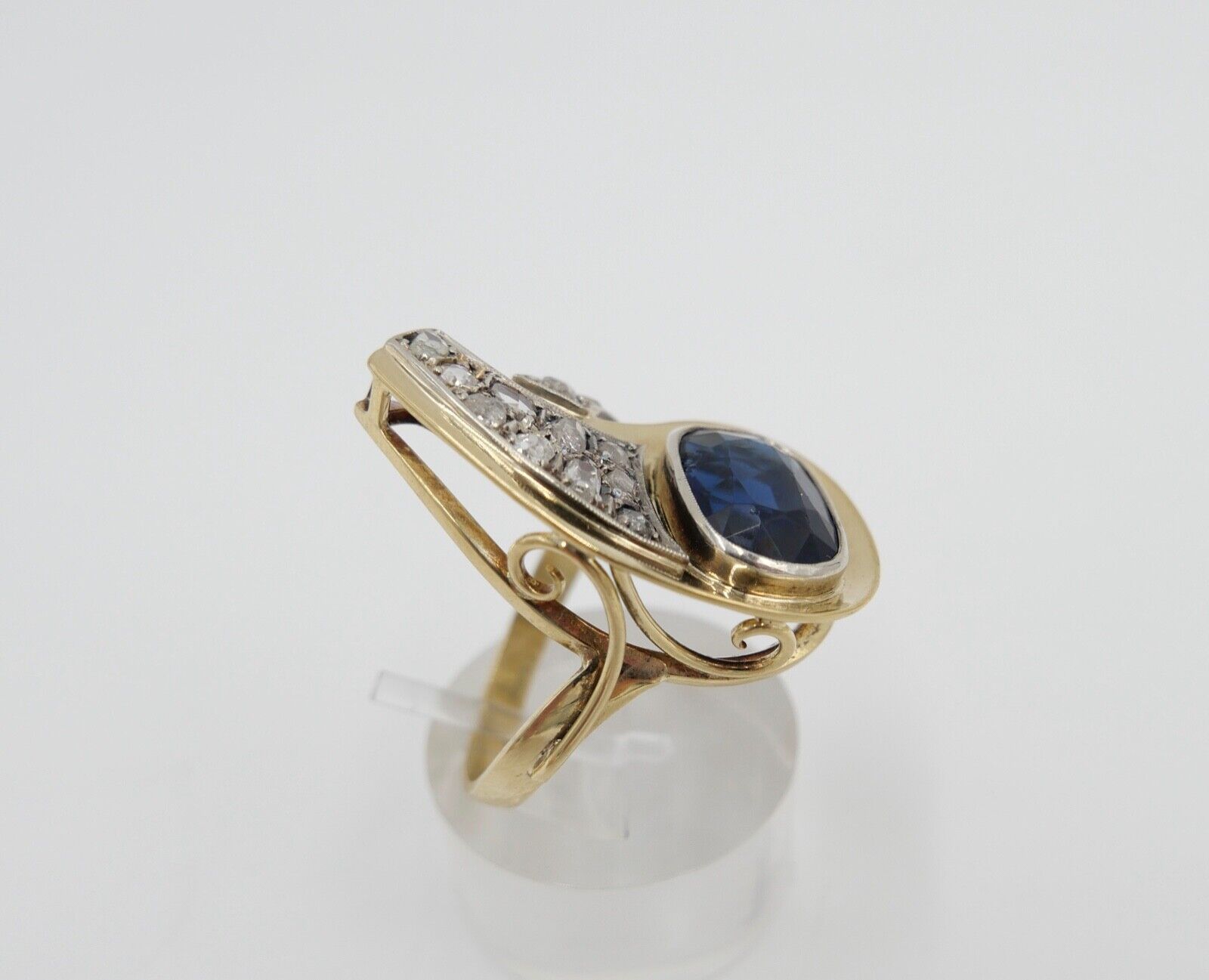 Extravaganter Diamant Damen Gold Ring 585 14K mit blau Stein Gr. 57-58 - Antikhandel-Stuttgart