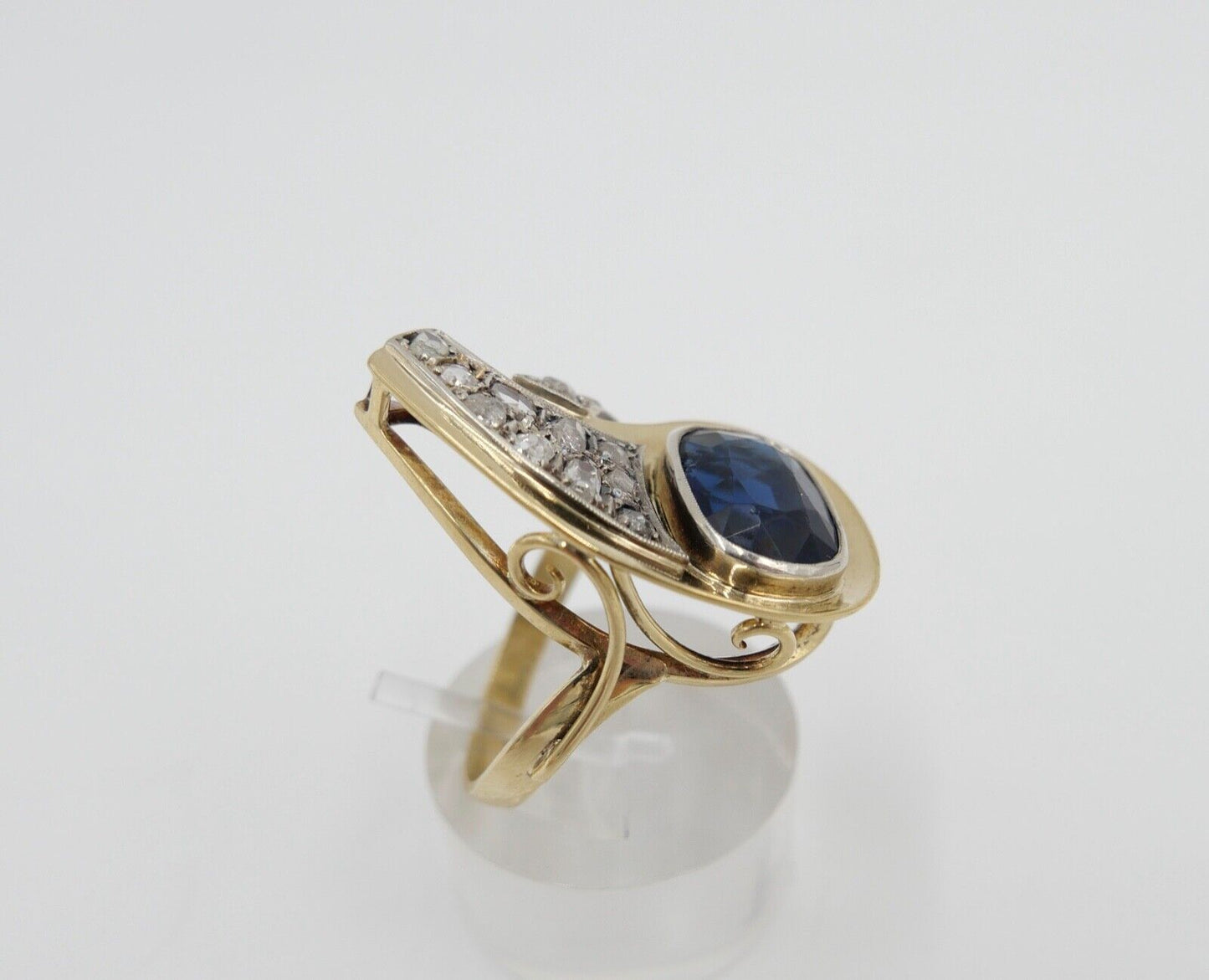 Extravaganter Diamant Damen Gold Ring 585 14K mit blau Stein Gr. 57-58 - Antikhandel-Stuttgart