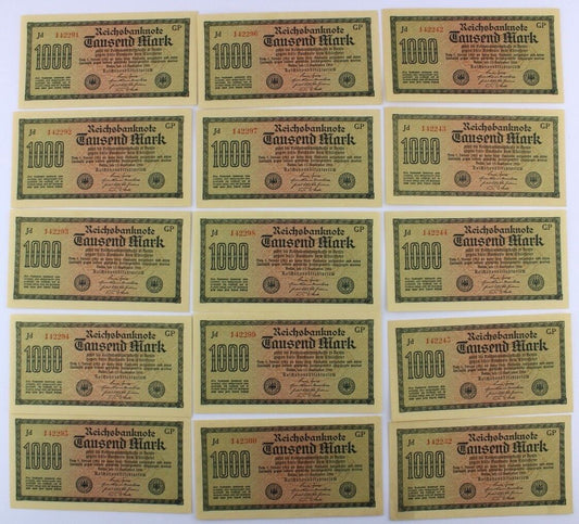 15x Ro. 75d Banknote 1000 Mark 1922 TOP Kassenfrisch fortlaufende Nr old Bill - Antikhandel-Stuttgart