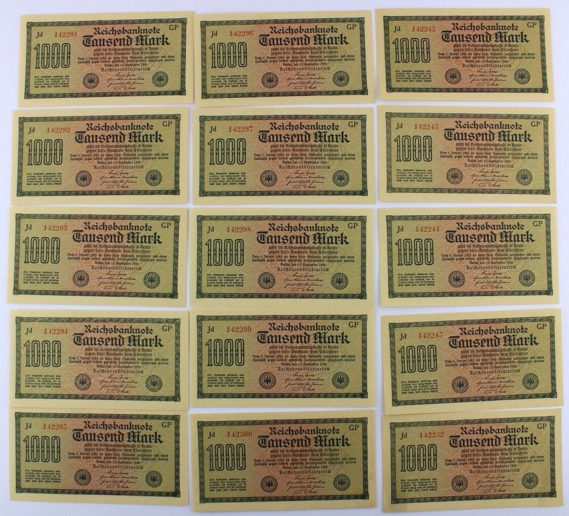 15x Ro. 75d Banknote 1000 Mark 1922 TOP Kassenfrisch fortlaufende Nr old Bill - Antikhandel-Stuttgart