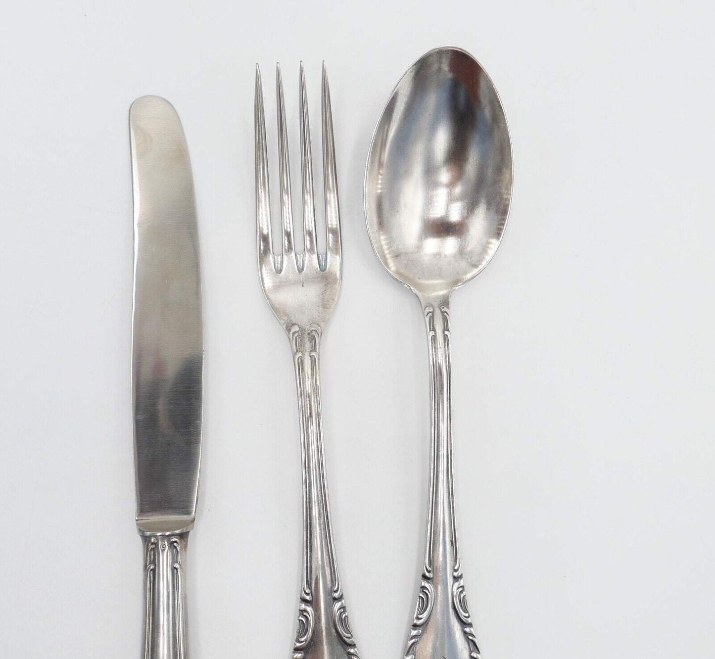 1920 Besteck 3 teilig S.J. & Co. versilbert 90 Monogramm LM / ML mit Etui - Antikhandel-Stuttgart