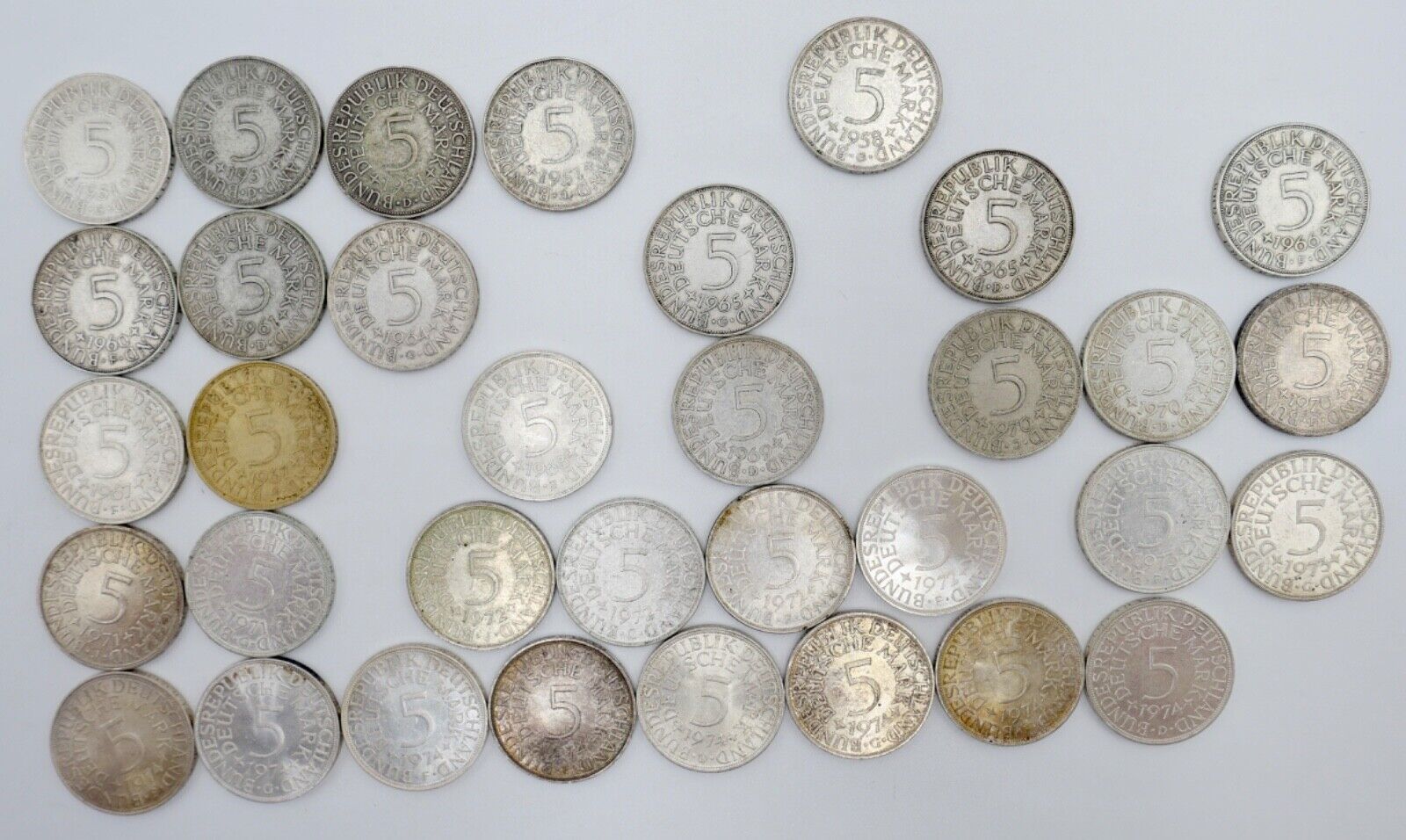 1951-1974 Konvolut LOT 34x 5 DM Silbermünzen J.387 Silberadler PP Heiermann - Antikhandel-Stuttgart