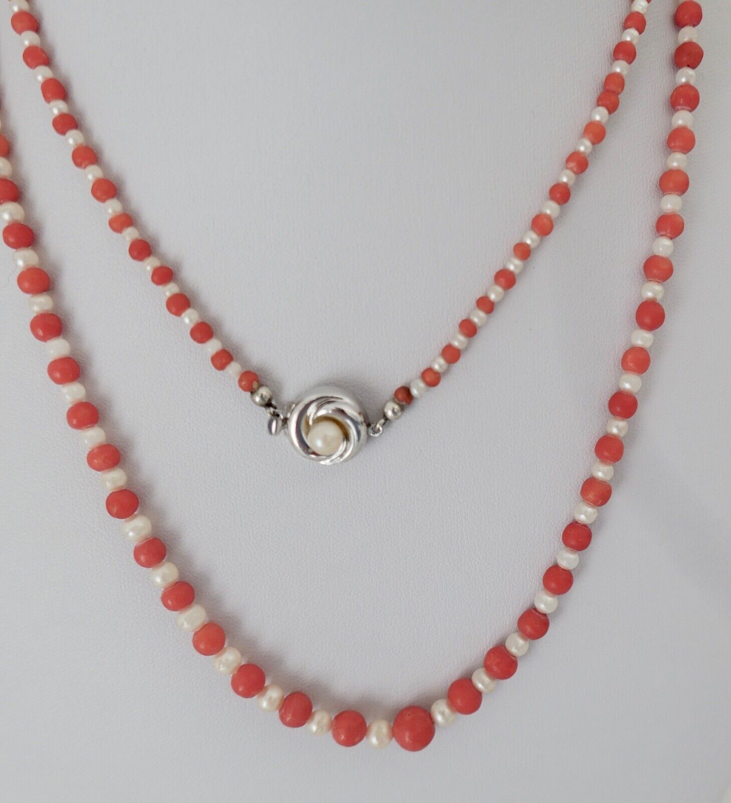 Seltene Korallen / Perlen Mix Kette coral pearl necklace 835 Ø 7,6mm Kugel 83cm - Antikhandel-Stuttgart