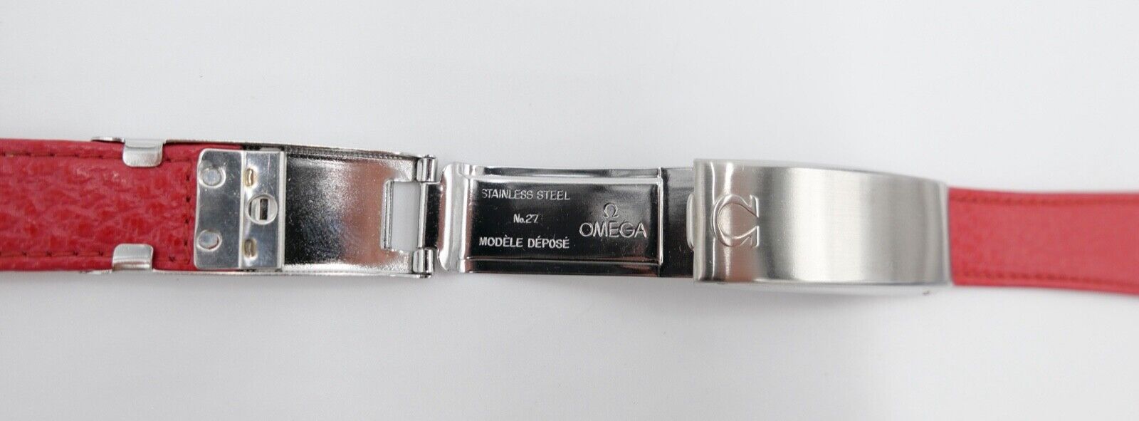 NEU ORIGINAL Vintage OMEGA No. 27 Lederband Rot Edelstahl Faltschliesse 19/14 mm - Antikhandel-Stuttgart