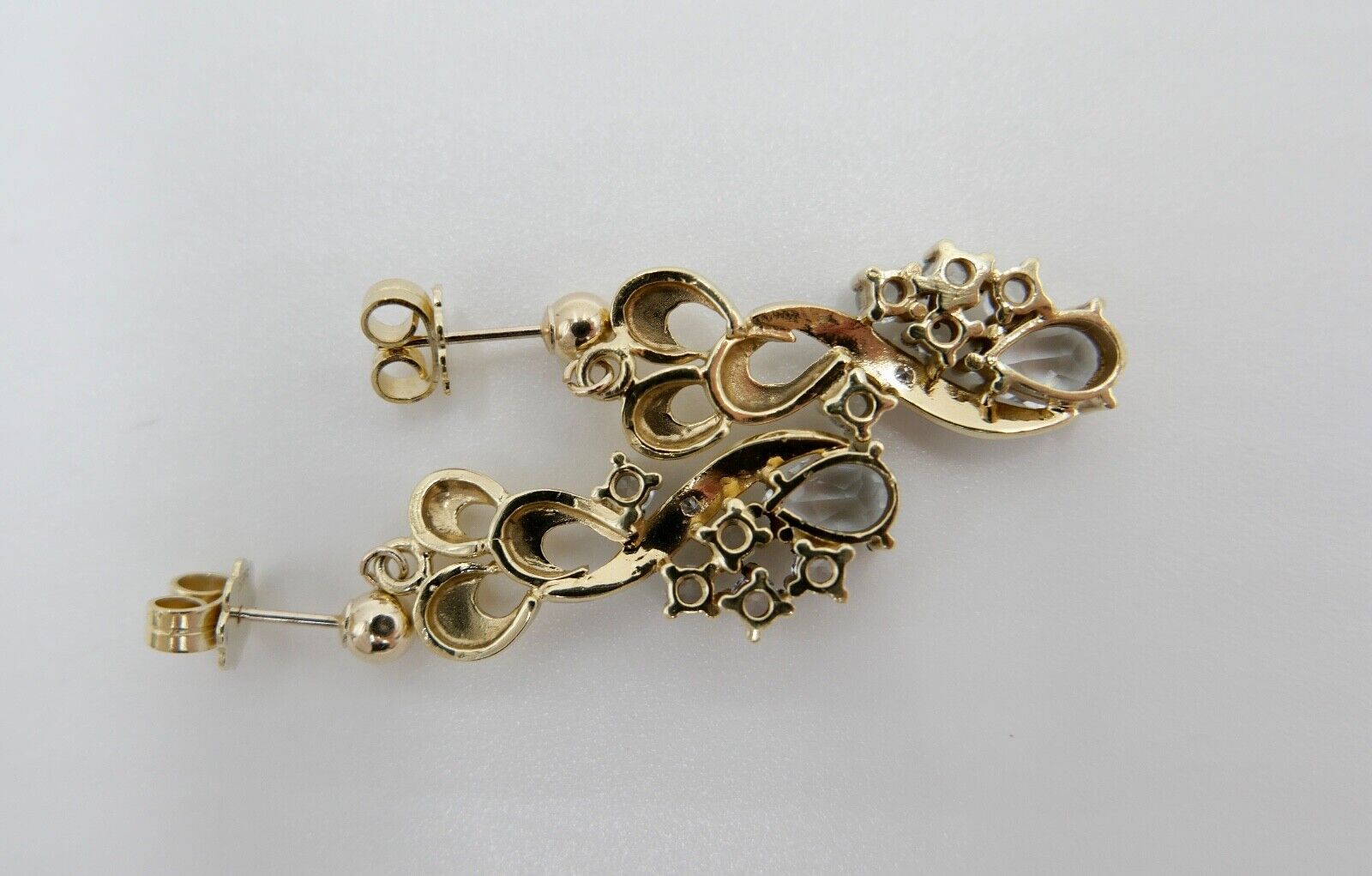 80er Jahre Ohrringe Ohrhänger GOLD 585 / 14K mit Aquamarin und Quarz - Antikhandel-Stuttgart