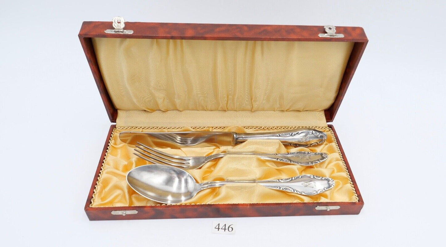 1920 Besteck 3 teilig S.J. & Co. versilbert 90 Monogramm LM / ML mit Etui - Antikhandel-Stuttgart