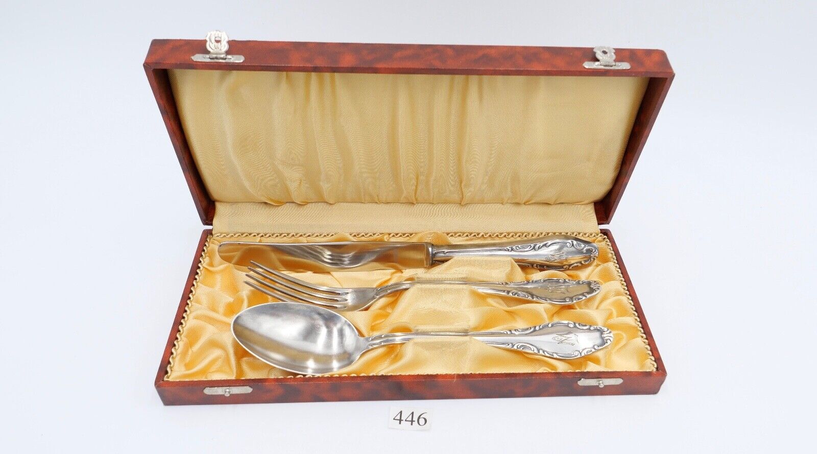 1920 Besteck 3 teilig S.J. & Co. versilbert 90 Monogramm LM / ML mit Etui - Antikhandel-Stuttgart