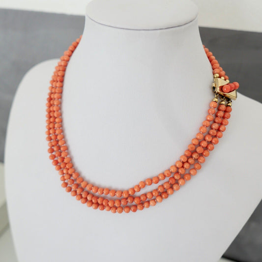 Korallen Kette 3 REIHIG 925 JKa Silber vergoldet ( aus einem Set ) - Antikhandel-Stuttgart