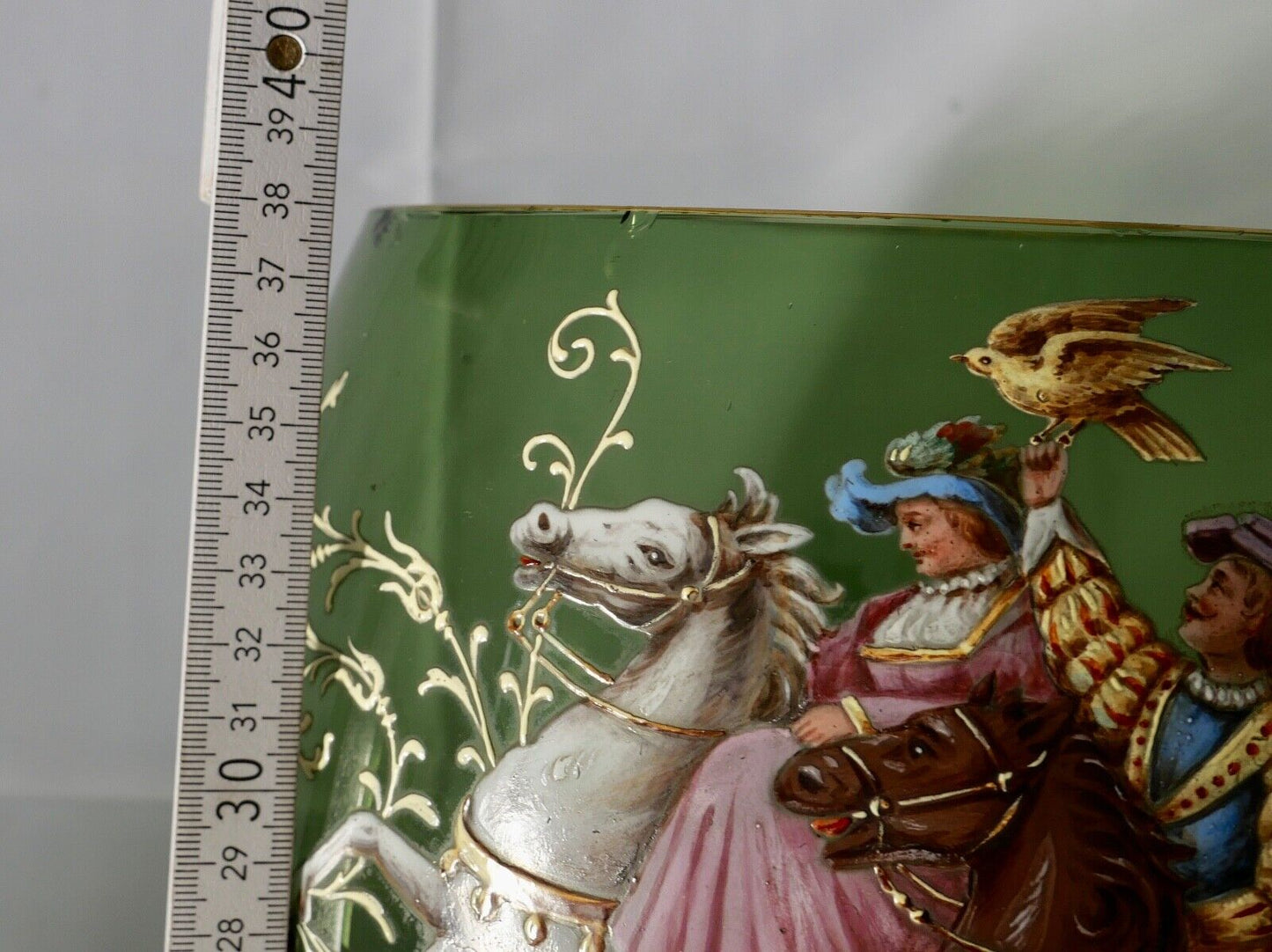 Antike Weinrömer Gläser Pokal XXL Bowle Set grün Emaille RAR Goldrand 53cm 1900 - Antikhandel-Stuttgart