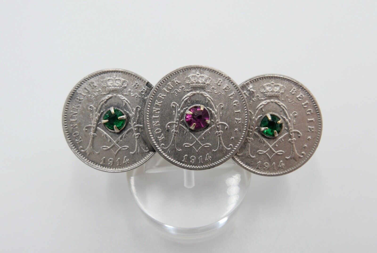 Brosche 5 Centimes CEN Belgien Belgium 1914 mit Pink & Grün Glas Einsatz - Antikhandel-Stuttgart