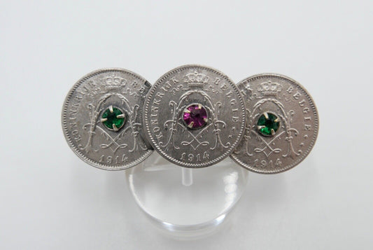 Brosche 5 Centimes CEN Belgien Belgium 1914 mit Pink & Grün Glas Einsatz - Antikhandel-Stuttgart