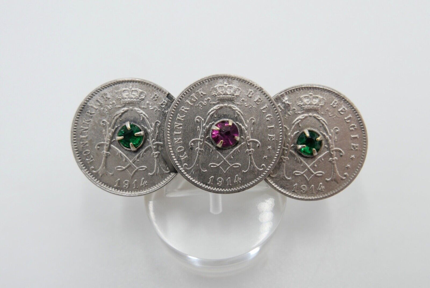 Brosche 5 Centimes CEN Belgien Belgium 1914 mit Pink & Grün Glas Einsatz - Antikhandel-Stuttgart