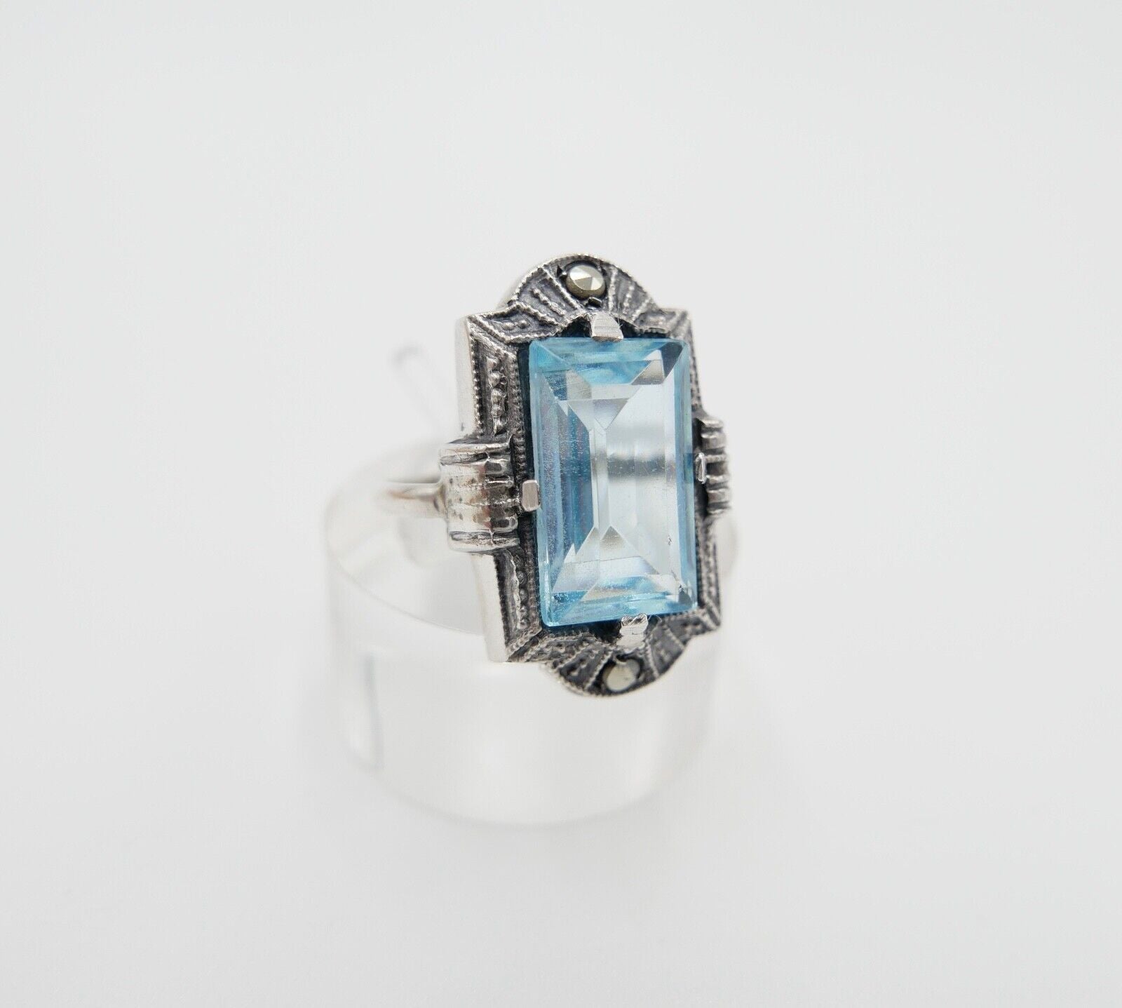 ART DECO Damenring Ring Silber 830 Gr. 53 mit Markasit blauer Glasstein - Antikhandel-Stuttgart
