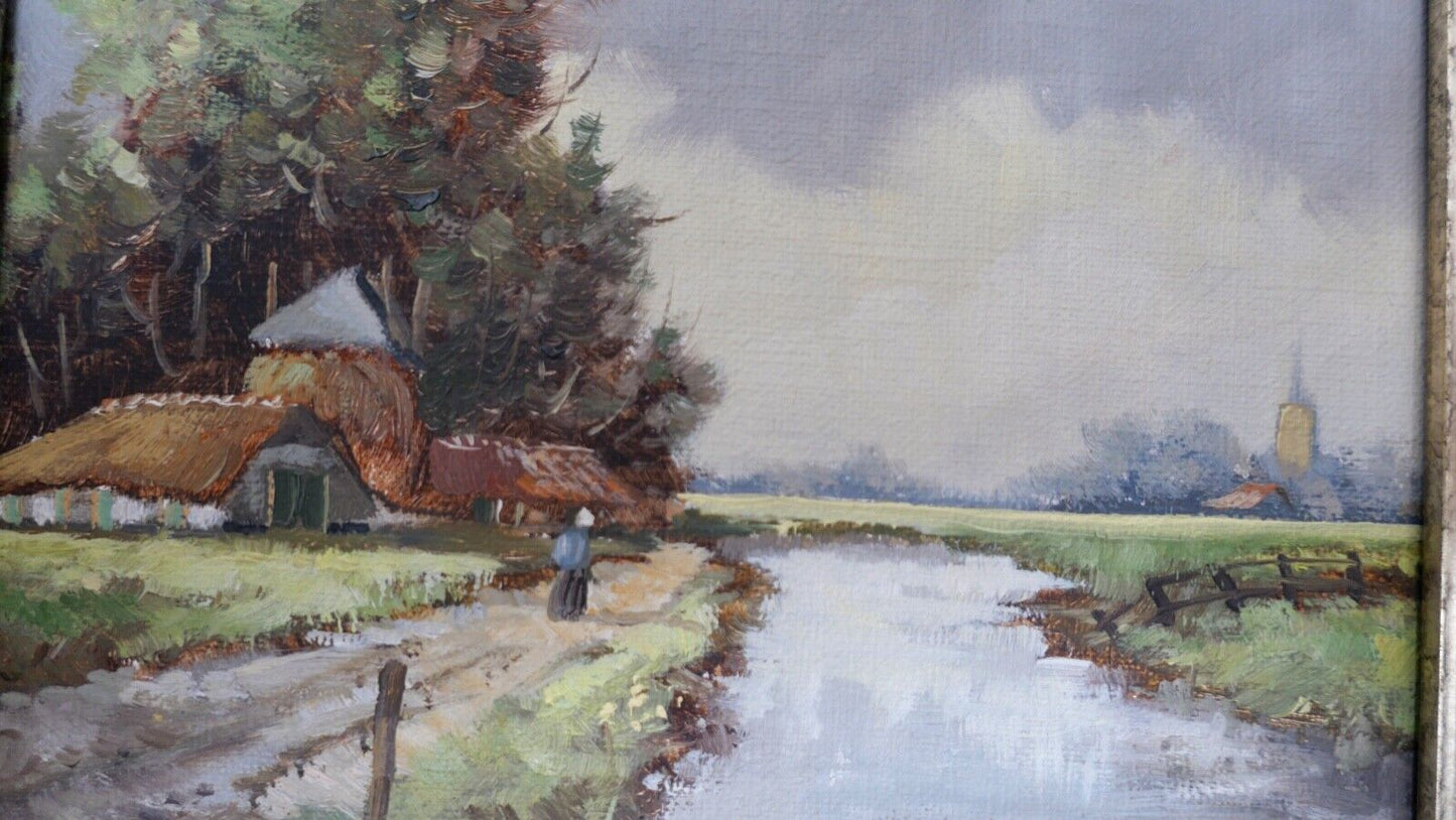 kleines Ölgemälde Niederlande B.H. Slotman Landschaft 32x27cm Leinwand - Antikhandel-Stuttgart