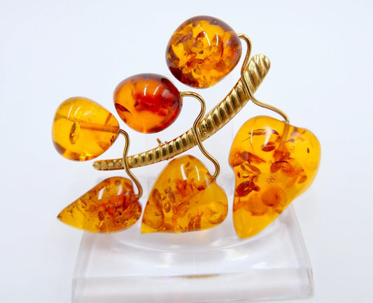 Blatt Bernstein Brosche vergoldet Russische Punze 1RK NEUwertig - Antikhandel-Stuttgart