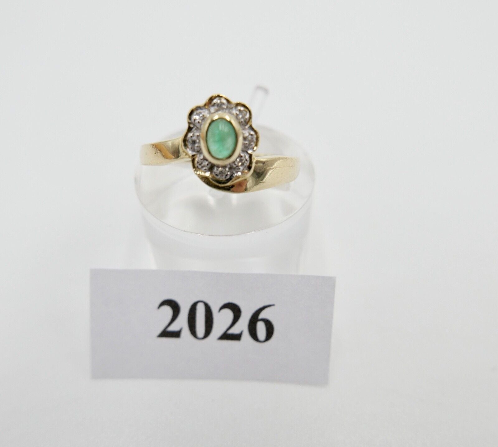 80er Jahre Gelbgold Damen Ring 585 14K Gr.54 Smaragd Cabochon & Diamant - Antikhandel-Stuttgart