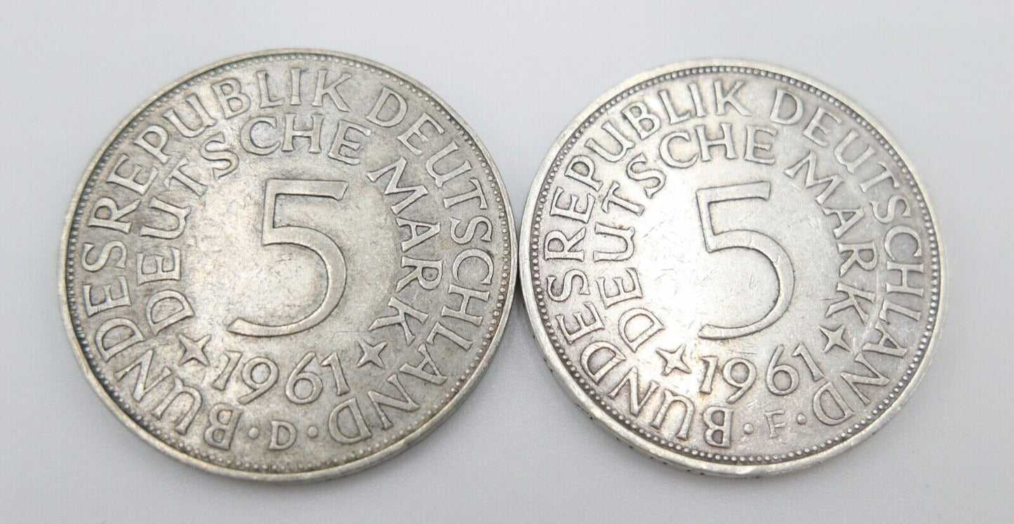 2x 5 DM 1961 J.387 Silbermünzen Silberadler Heiermann D F - Antikhandel-Stuttgart