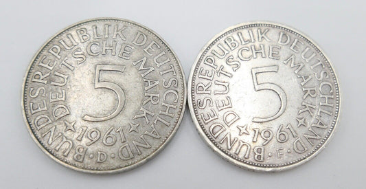 2x 5 DM 1961 J.387 Silbermünzen Silberadler Heiermann D F - Antikhandel-Stuttgart