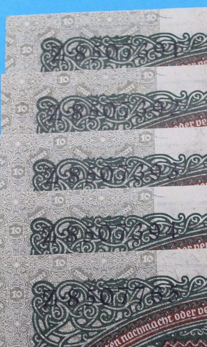 5x Ro. 63a Banknote 10 Zehn Mark 1920 old Bill KSF UNC fortlaufende Nr. TOP - Antikhandel-Stuttgart