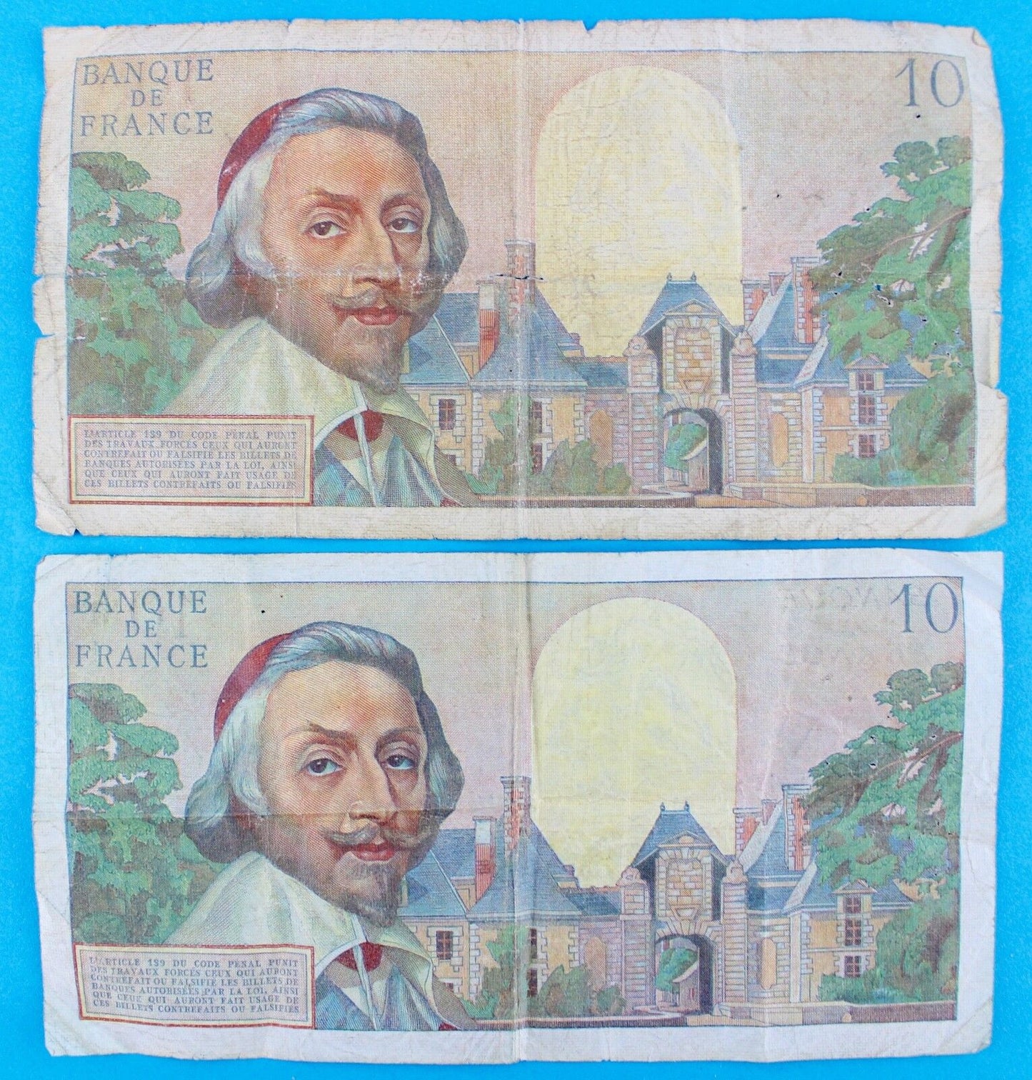 2x 10 NF Banque de France Banknote 1960 1962 bill Frankreich Billet Richelieu - Antikhandel-Stuttgart