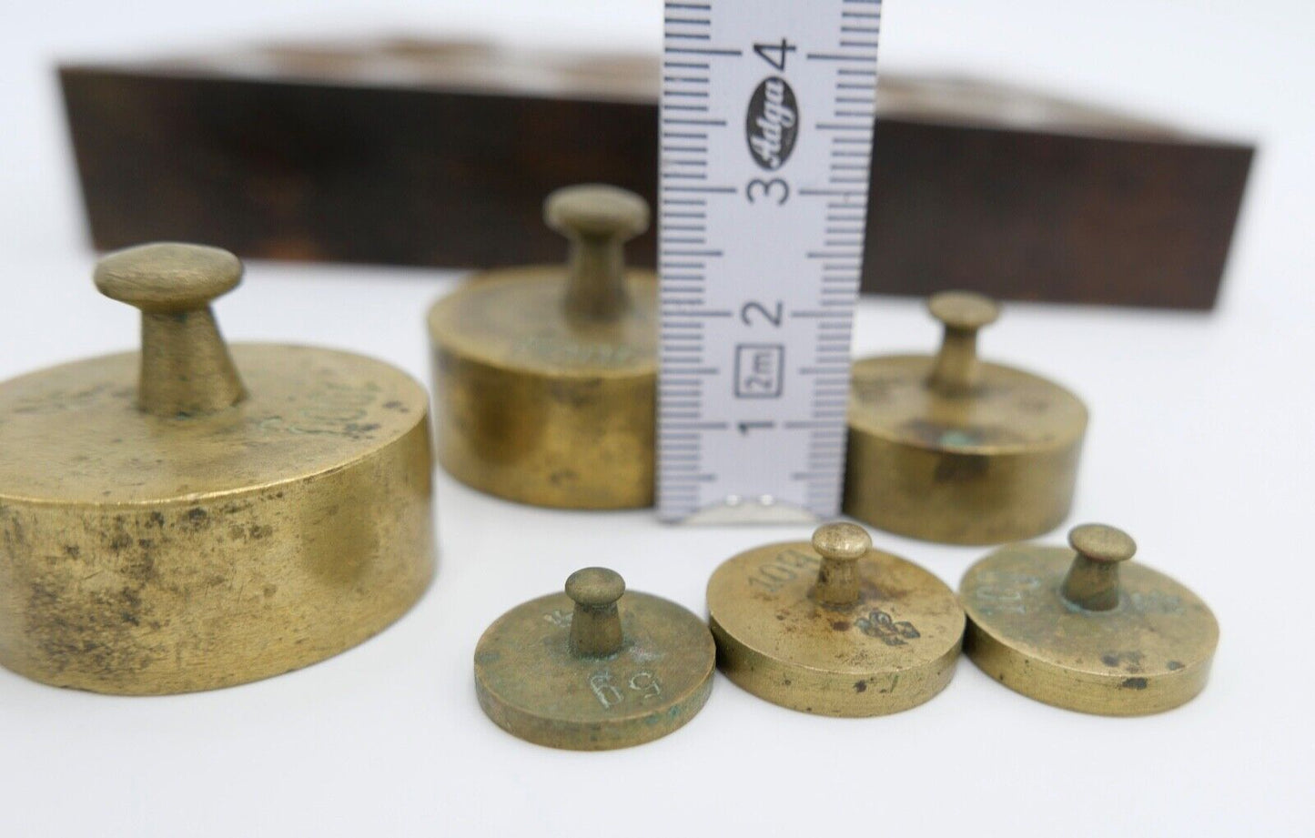 alt alter Messing Gewichtssatz Holzkasten Apothekergewichte Eichstempel 5-200 g - Antikhandel-Stuttgart