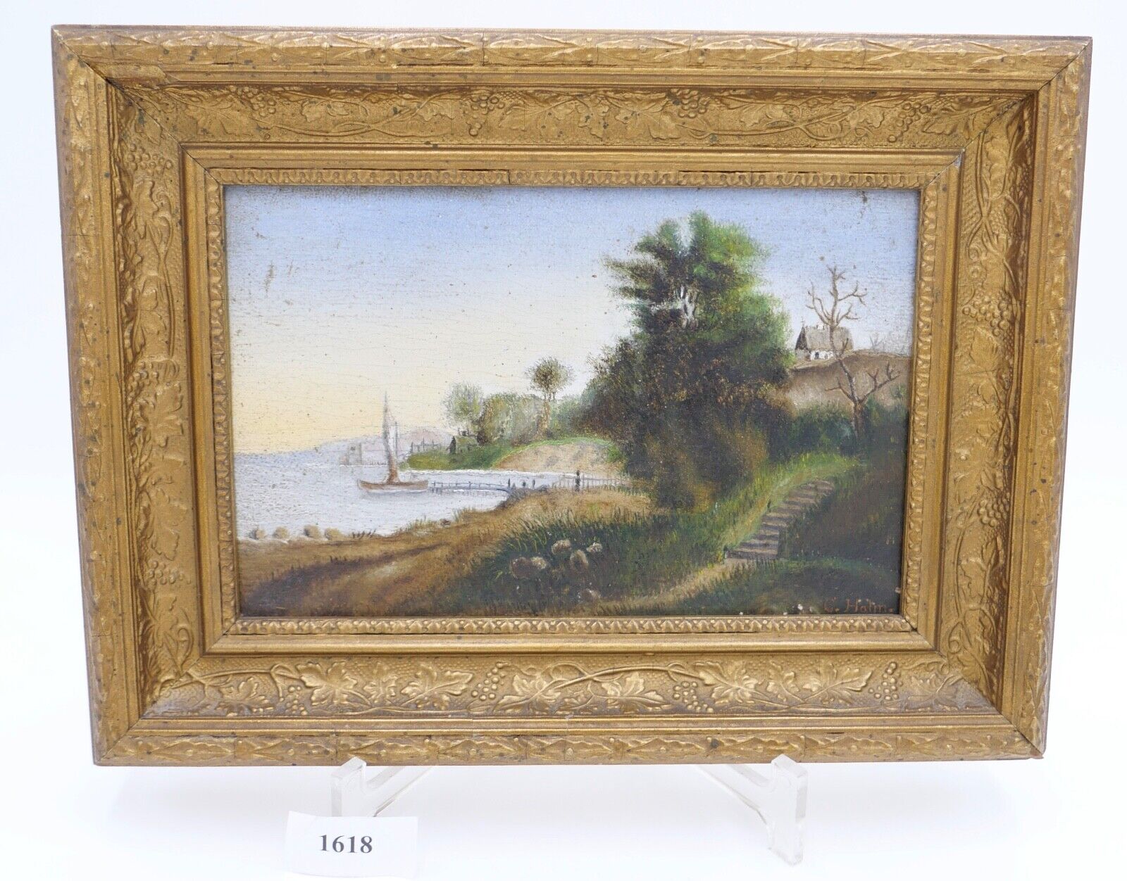 kleines Ölgemälde Öl auf Holz sig. C. Halm Landschaft Dünen Hafen very. Dänemark - Antikhandel-Stuttgart