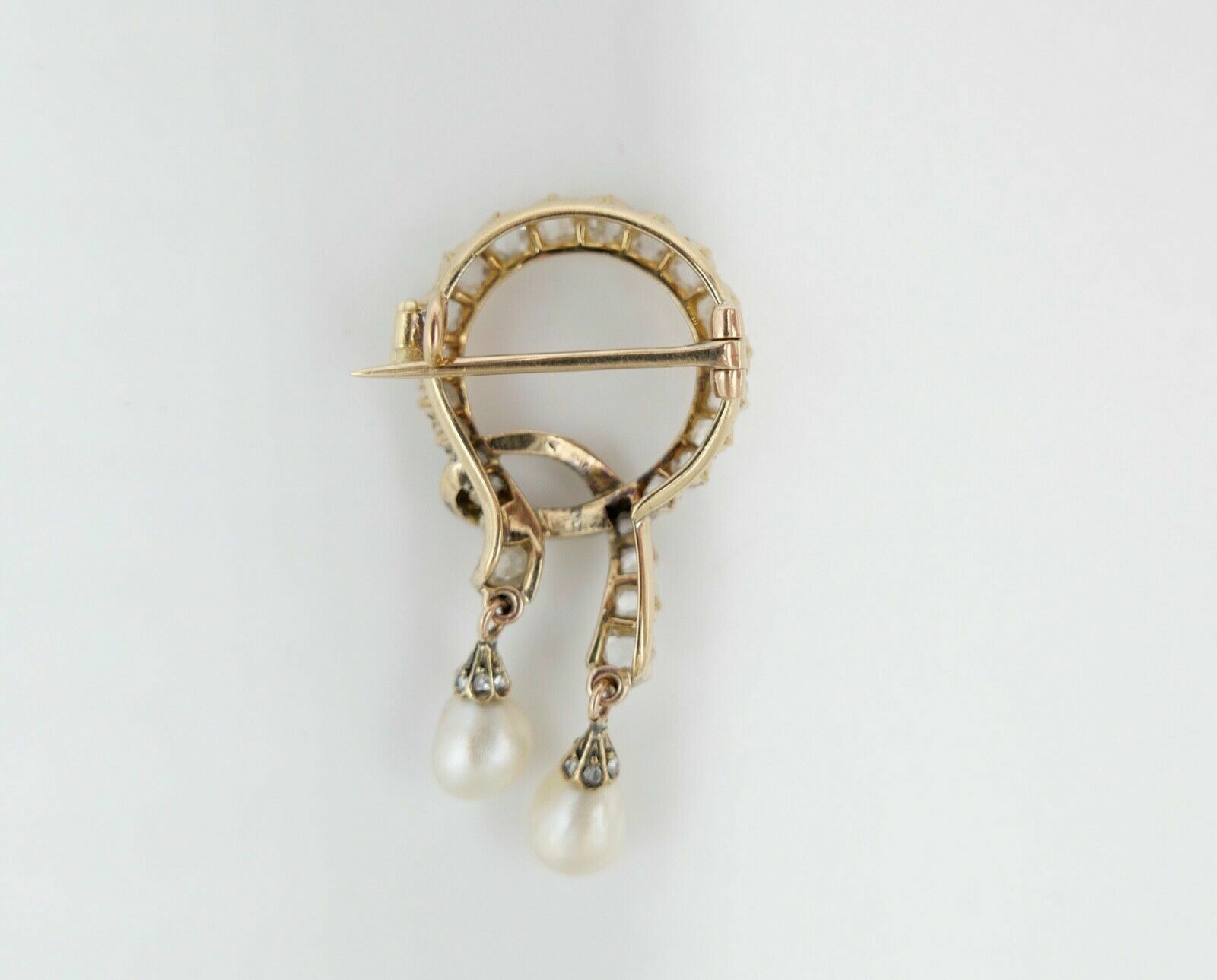 Antike um 1850 Gold Diamant Perle Schleifen Brosche 2,3Ct 585 14K Rosenschliff - Antikhandel-Stuttgart