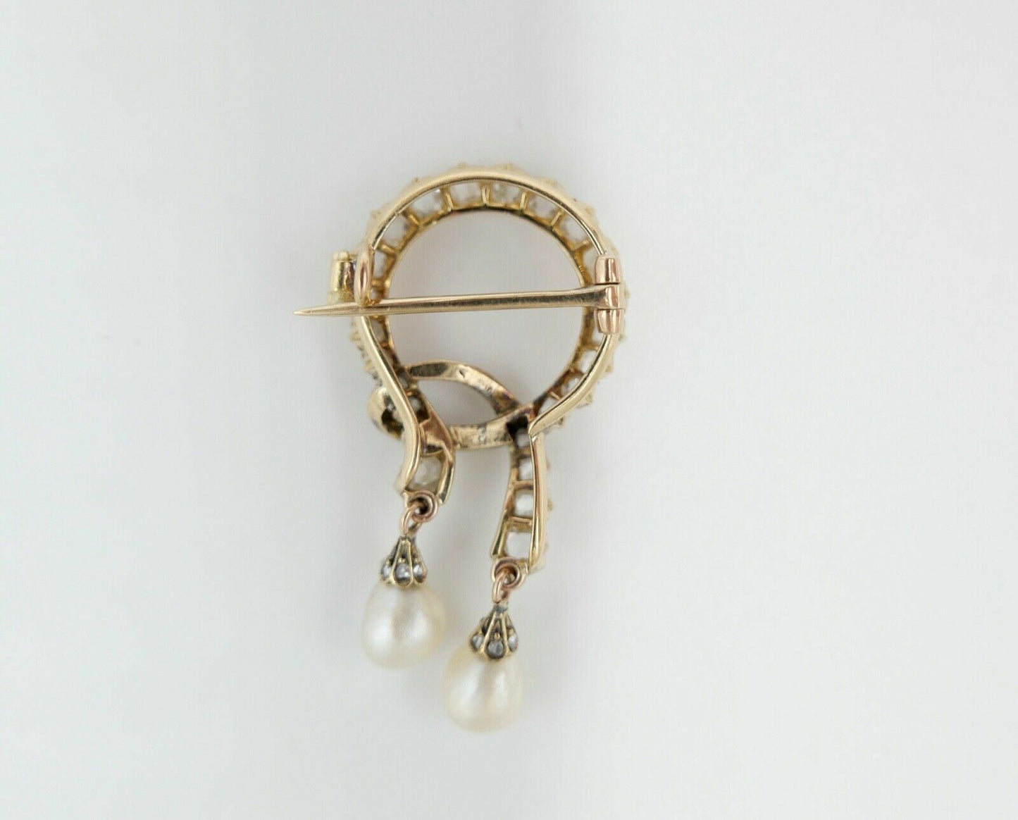 Antike um 1850 Gold Diamant Perle Schleifen Brosche 2,3Ct 585 14K Rosenschliff - Antikhandel-Stuttgart