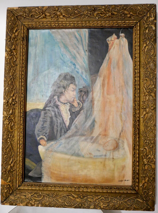 Gemälde Öl oil Leinwand 67x51 cm signiert "GODO" Vater an Kinderwiege - Antikhandel-Stuttgart