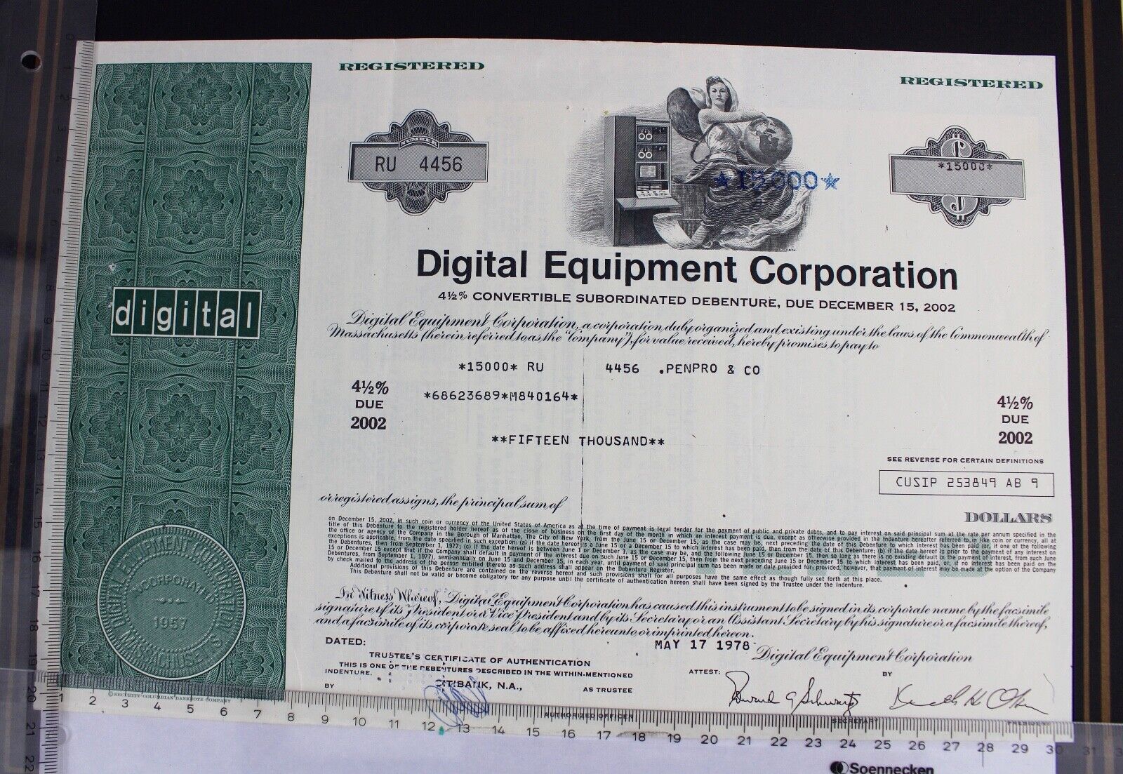 Digital Equipment Corporation 1978 alte USA Aktie Stock Certificate 15000 Dollar - Antikhandel-Stuttgart