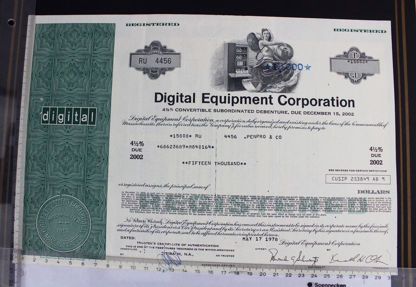 Digital Equipment Corporation 1978 alte USA Aktie Stock Certificate 15000 Dollar - Antikhandel-Stuttgart