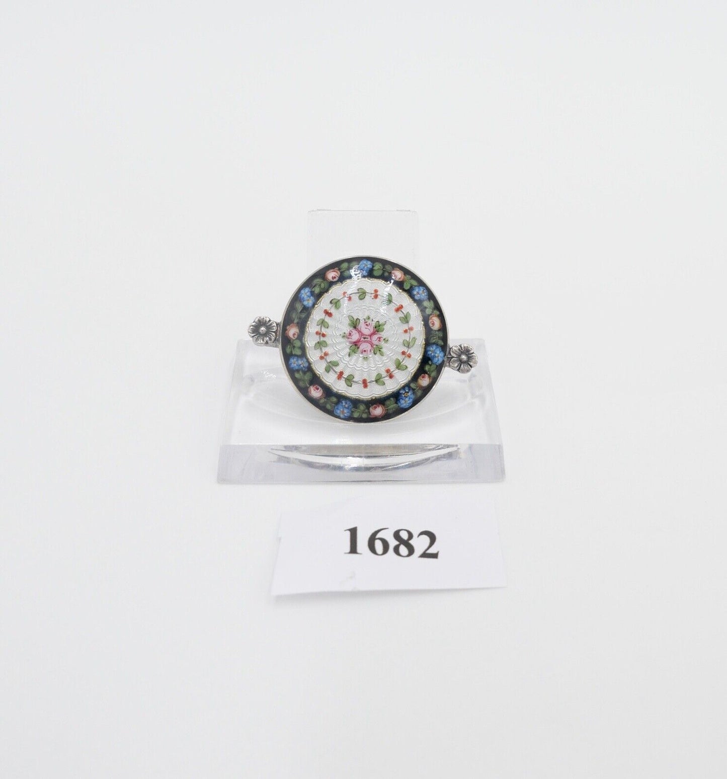 60er Jahre florale Silber Brosche 41 x 30 mm mit Emaille Blumen Rosen - Antikhandel-Stuttgart