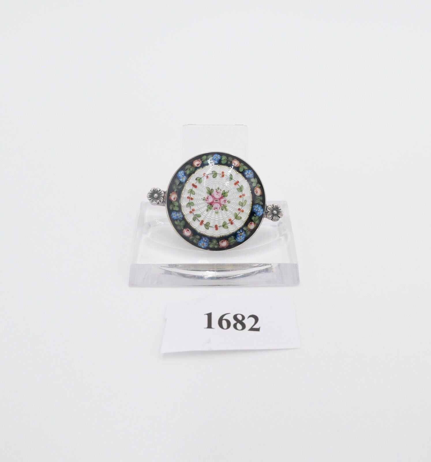 60er Jahre florale Silber Brosche 41 x 30 mm mit Emaille Blumen Rosen - Antikhandel-Stuttgart