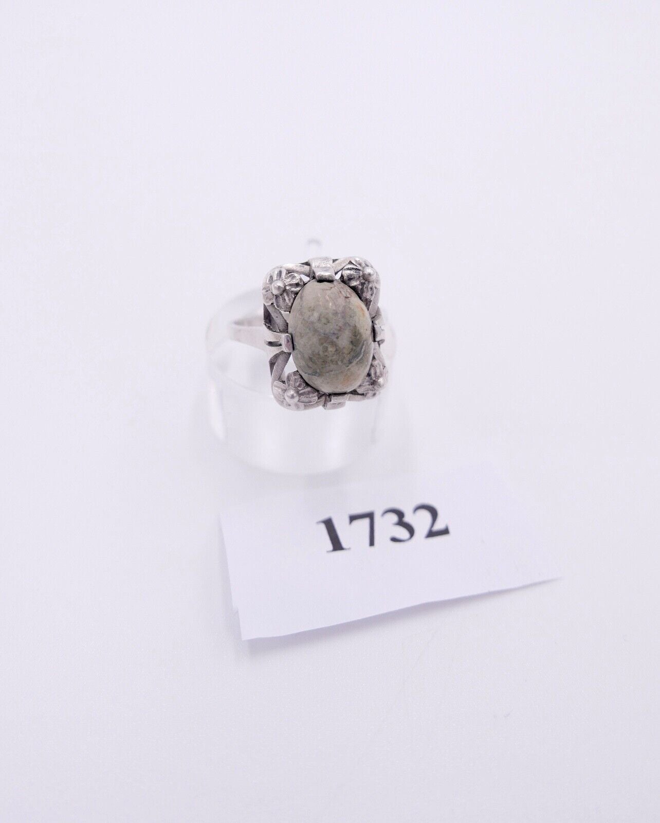 50er Jahre Damenring 835 Silber Gr. 54 mit grünem Jaspis Cabochon - Antikhandel-Stuttgart