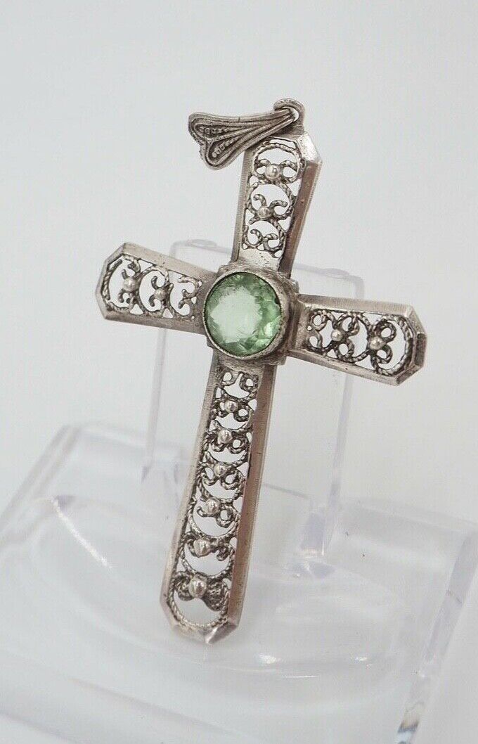 vintage alter filigraner Kreuz Anhänger mit grünem Glasstein 835 Silber 62,0 mm - Antikhandel-Stuttgart