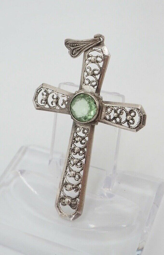 vintage alter filigraner Kreuz Anhänger mit grünem Glasstein 835 Silber 62,0 mm - Antikhandel-Stuttgart