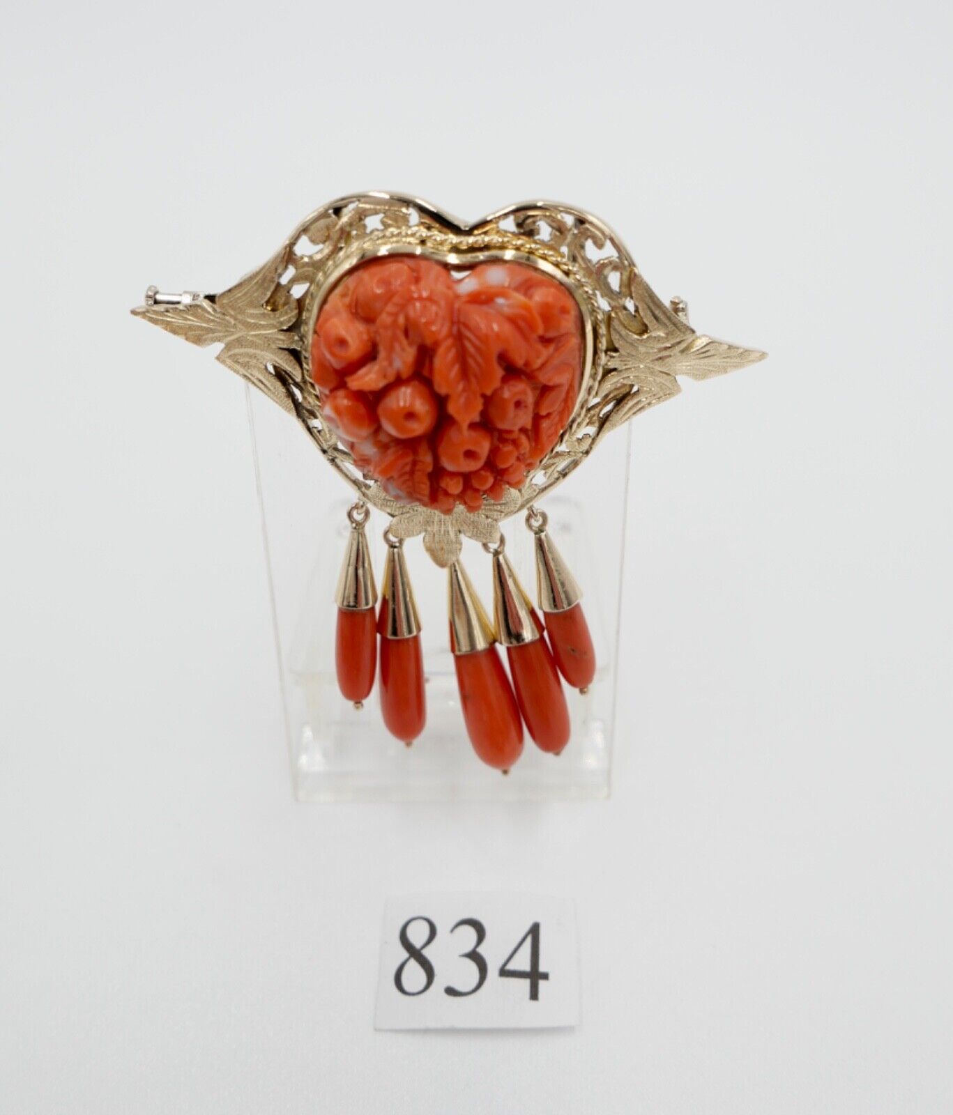 Große Antike Herz Gold Brosche / Anhänger Koralle 750 18K UNIKAT um 1850-1880 - Antikhandel-Stuttgart