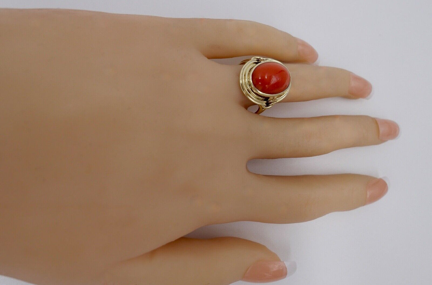 Eleganter Gold Ring 585 14K Gr. 55/17,5 Koralle Cabochon 6 Ct - Antikhandel-Stuttgart