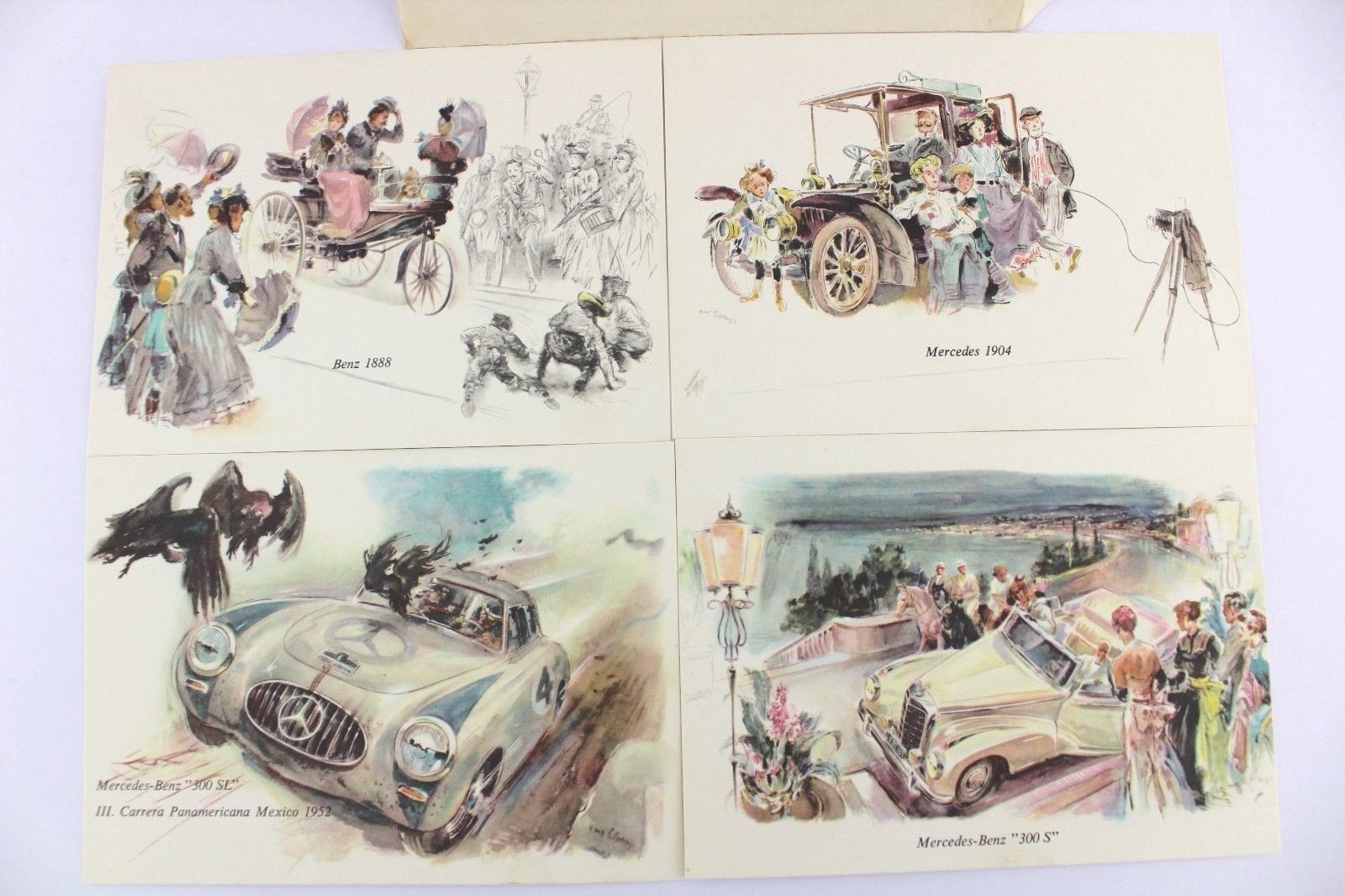4 seltene Alte Künstler Postkarten Mercedes Benz MB Oldtimer OVP 1960er Jahre - Antikhandel-Stuttgart
